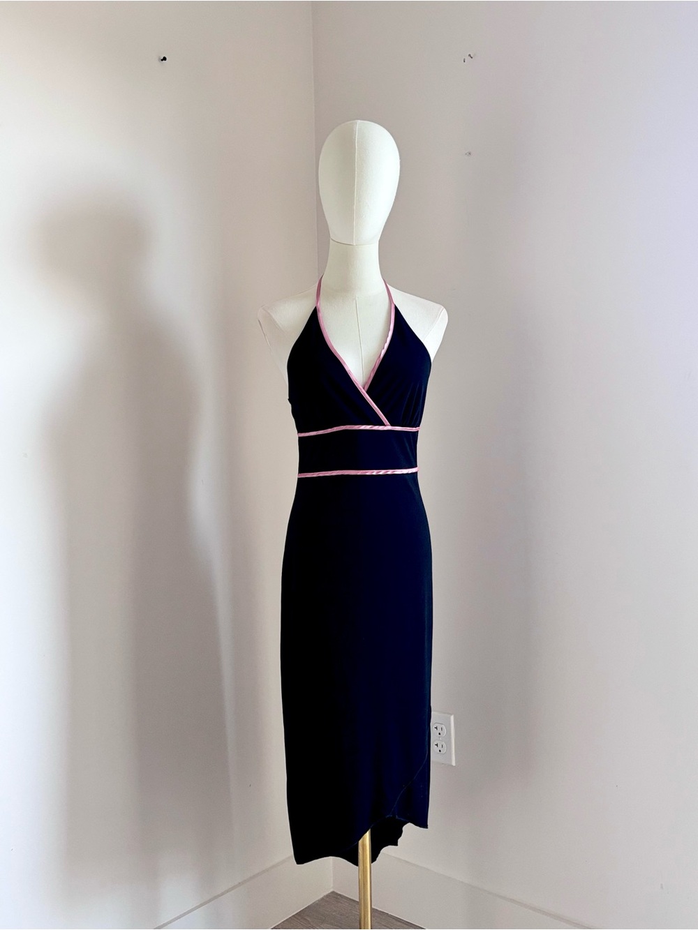Vintage Y2K Byer Too! Black Slinky Halter Dress Pink Trim Tulip Hem USA Medium